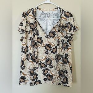 NWT LOFT Cream Floral V-Neck Blouse with Brown & Tan Flowers